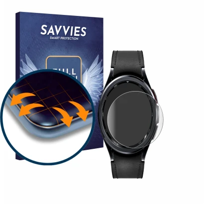 Face avant d’un emballage produit avec le logo de la marque Savvies. À côté, l’appareil Samsung Galaxy Watch 6 Classic (43 mm)