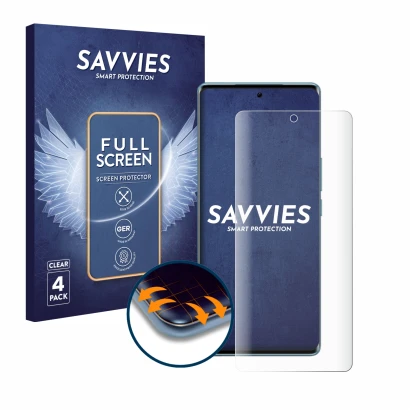 Face avant d’un emballage produit avec le logo de la marque Savvies. À côté, l’appareil Vivo V29 est représenté avec la protec