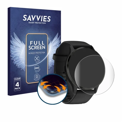 Face avant d’un emballage produit avec le logo de la marque Savvies. À côté, l’appareil Garmin Venu 3S est représenté avec la 