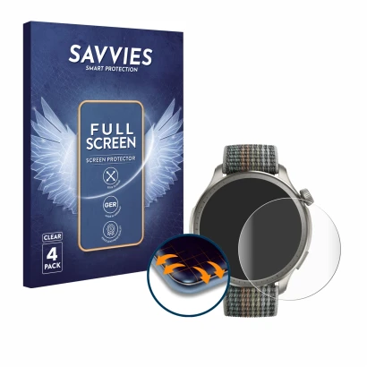 Face avant d’un emballage produit avec le logo de la marque Savvies. À côté, l’appareil Huami Amazfit Balance est représenté a