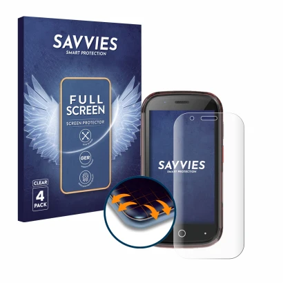 Face avant d’un emballage produit avec le logo de la marque Savvies. À côté, l’appareil Unihertz Jelly Star est représenté ave