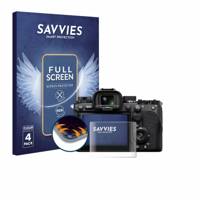 Face avant d’un emballage produit avec le logo de la marque Savvies. À côté, l’appareil Sony Alpha 9 III est représenté avec l
