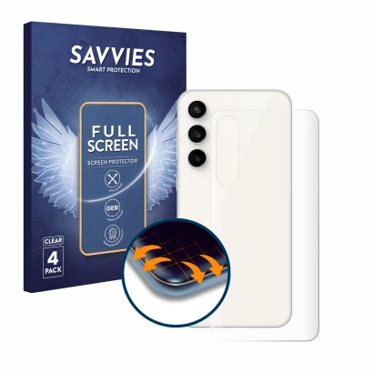 Face avant d’un emballage produit avec le logo de la marque Savvies. À côté, l’appareil Samsung Galaxy S23 FE (Arrière) est re