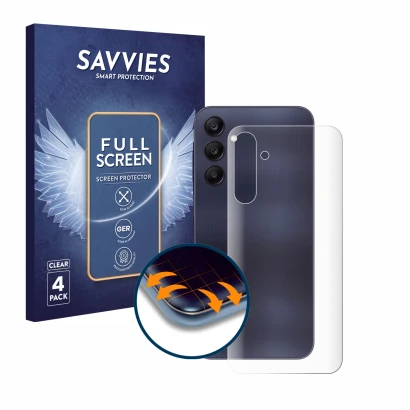 Face avant d’un emballage produit avec le logo de la marque Savvies. À côté, l’appareil Samsung Galaxy A25 5G (Arrière) est re