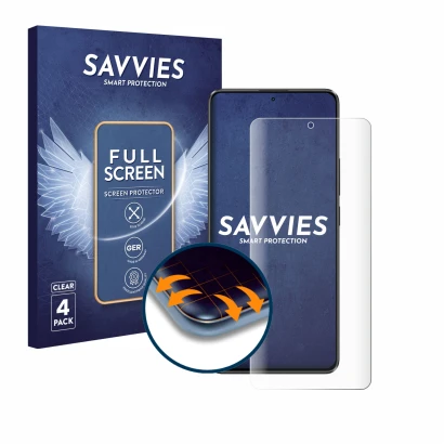Face avant d’un emballage produit avec le logo de la marque Savvies. À côté, l’appareil Xiaomi Poco X6 est représenté avec la 