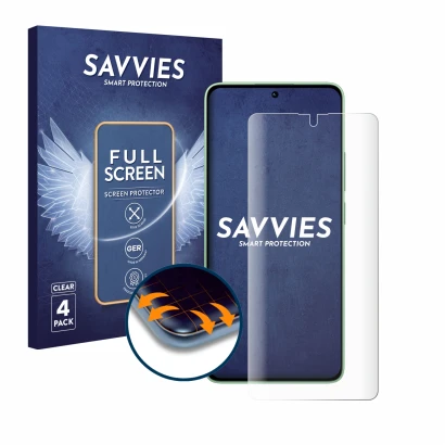 Face avant d’un emballage produit avec le logo de la marque Savvies. À côté, l’appareil Xiaomi Redmi Note 13 4G est représenté