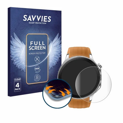Face avant d’un emballage produit avec le logo de la marque Savvies. À côté, l’appareil Oppo Watch X est représenté avec la pr