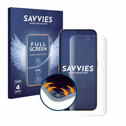 Face avant d’un emballage produit avec le logo de la marque Savvies. À côté, l’appareil Nothing Phone (2a) est représenté avec