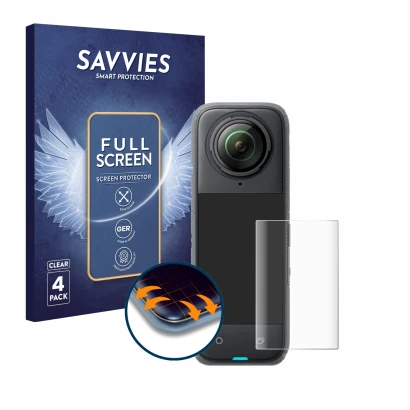Face avant d’un emballage produit avec le logo de la marque Savvies. À côté, l’appareil Insta360 X4 est représenté avec la pro