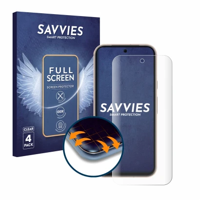 Face avant d’un emballage produit avec le logo de la marque Savvies. À côté, l’appareil Google Pixel 8a est représenté avec la