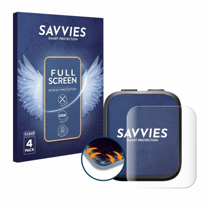 Face avant d’un emballage produit avec le logo de la marque Savvies. À côté, l’appareil Insta360 GPS preview remote est représ