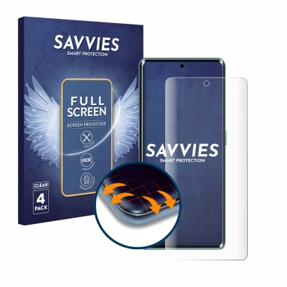 Face avant d’un emballage produit avec le logo de la marque Savvies. À côté, l’appareil Cubot X90 est représenté avec la prote