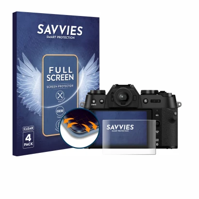 Face avant d’un emballage produit avec le logo de la marque Savvies. À côté, l’appareil Fujifilm X-T50 est représenté avec la 