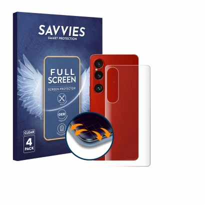 Face avant d’un emballage produit avec le logo de la marque Savvies. À côté, l’appareil Sony Xperia 1 VI (Arrière) est représe