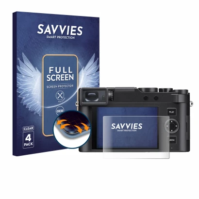 Face avant d’un emballage produit avec le logo de la marque Savvies. À côté, l’appareil Leica D-Lux 8 est représenté avec la p