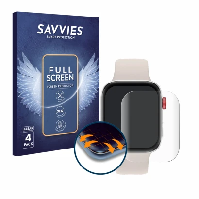 Face avant d’un emballage produit avec le logo de la marque Savvies. À côté, l’appareil Huawei Watch Fit 3 est représenté avec