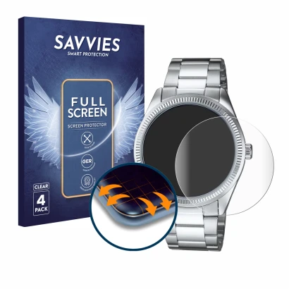 Face avant d’un emballage produit avec le logo de la marque Savvies. À côté, l’appareil Casio MTP-1302PD est représenté avec l