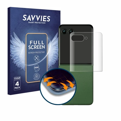 Face avant d’un emballage produit avec le logo de la marque Savvies. À côté, l’appareil Motorola Razr 50 Ultra (Affichage arri