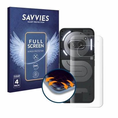 Face avant d’un emballage produit avec le logo de la marque Savvies. À côté, l’appareil Nothing Phone (2a) Plus (Arrière) est 