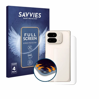 Face avant d’un emballage produit avec le logo de la marque Savvies. À côté, l’appareil Google Pixel 9 Pro Fold (Arrière) est