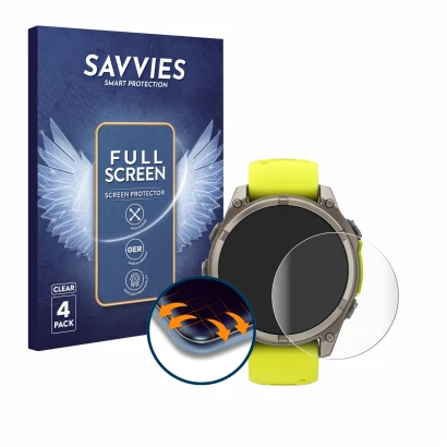 Face avant d’un emballage produit avec le logo de la marque Savvies. À côté, l’appareil Garmin Fenix 8 Solar (47 mm) est repré