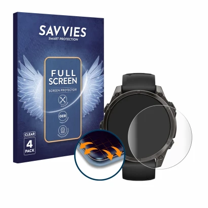 Face avant d’un emballage produit avec le logo de la marque Savvies. À côté, l’appareil Garmin Fenix 8 AMOLED (47 mm) est repr