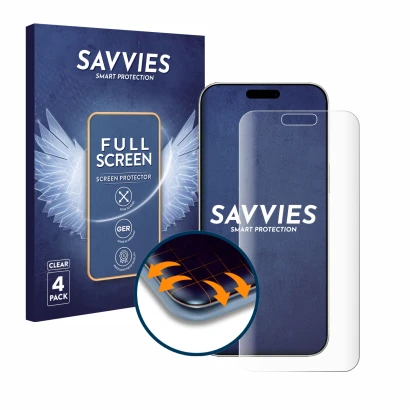 Face avant d’un emballage produit avec le logo de la marque Savvies. À côté, l’appareil Apple iPhone 16 Pro Max est représenté