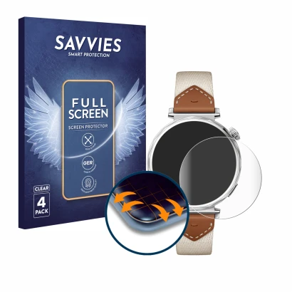 Face avant d’un emballage produit avec le logo de la marque Savvies. À côté, l’appareil Huawei Watch GT 5 (41 mm) est représen