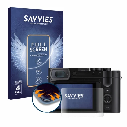 Face avant d’un emballage produit avec le logo de la marque Savvies. À côté, l’appareil Leica Q3 43 est représenté avec la pro