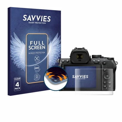 Face avant d’un emballage produit avec le logo de la marque Savvies. À côté, l’appareil Nikon Z50 II est représenté avec la pr