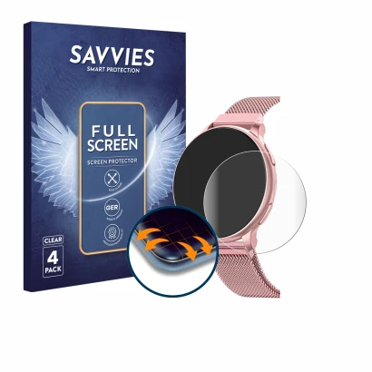 Face avant d’un emballage produit avec le logo de la marque Savvies. À côté, l’appareil Banlvs Smartwatch 1.27" est représenté