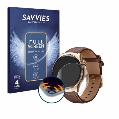 Face avant d’un emballage produit avec le logo de la marque Savvies. À côté, l’appareil Xiaomi Mibro Lite 3 Pro est représenté