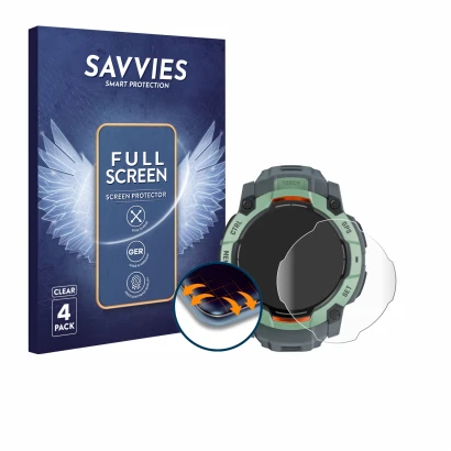 Face avant d’un emballage produit avec le logo de la marque Savvies. À côté, l’appareil Garmin Instinct 3 AMOLED (45 mm) est r