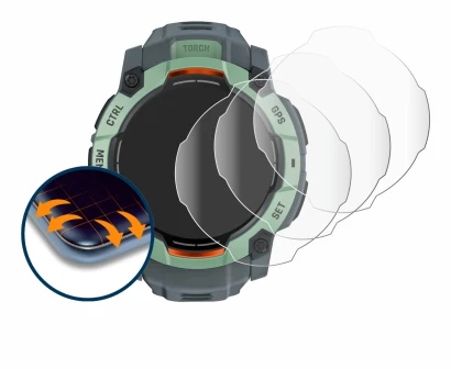 Image de l'appareil Garmin Instinct 3 AMOLED (45 mm) avec une grande variété de protections d'écran.