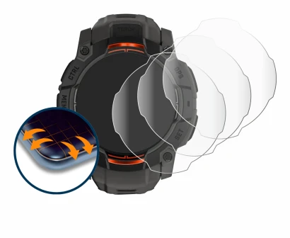 Image de l'appareil Garmin Instinct 3 Solar (45 mm) avec une grande variété de protections d'écran.
