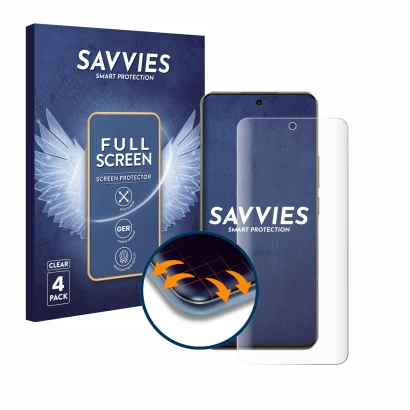 Face avant d’un emballage produit avec le logo de la marque Savvies. À côté, l’appareil realme 14 Pro Plus est représenté avec