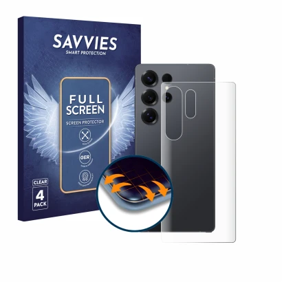 Face avant d’un emballage produit avec le logo de la marque Savvies. À côté, l’appareil Samsung Galaxy S25 Ultra (Arrière) est