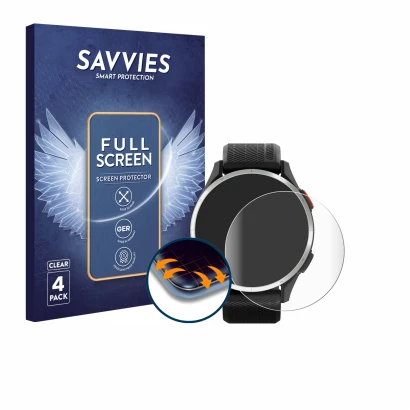 Face avant d’un emballage produit avec le logo de la marque Savvies. À côté, l’appareil Garmin Approach S44 est représenté ave
