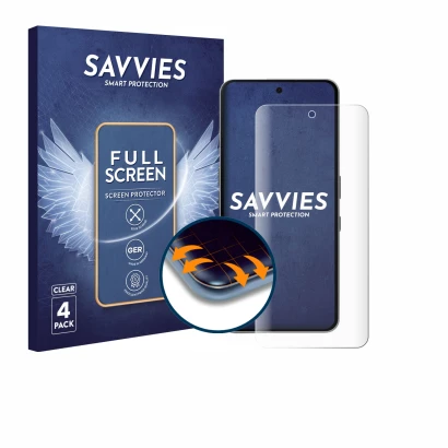 Face avant d’un emballage produit avec le logo de la marque Savvies. À côté, l’appareil Nothing Phone (3a) Pro est représenté 