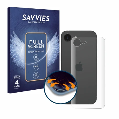 Face avant d’un emballage produit avec le logo de la marque Savvies. À côté, l’appareil Apple iPhone 16e (Arrière) est représe