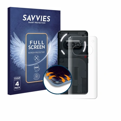 Face avant d’un emballage produit avec le logo de la marque Savvies. À côté, l’appareil Nothing Phone (3a) (Arrière) est repré