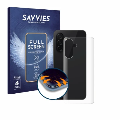 Face avant d’un emballage produit avec le logo de la marque Savvies. À côté, l’appareil Samsung Galaxy A26 5G (Arrière) est re