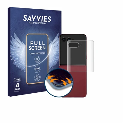 Face avant d’un emballage produit avec le logo de la marque Savvies. À côté, l’appareil Motorola Razr 60 Ultra (Affichage arri