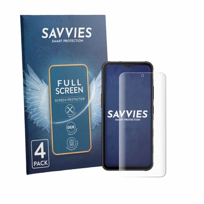 Face avant d’un emballage produit avec le logo de la marque Savvies. À côté, l’appareil Samsung Galaxy XCover 7 Enterprise Edi