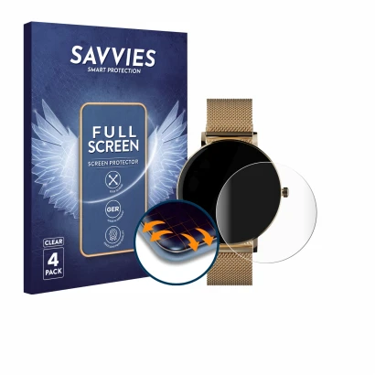 Face avant d’un emballage produit avec le logo de la marque Savvies. À côté, l’appareil ZenWatch Venice Pro est représenté ave