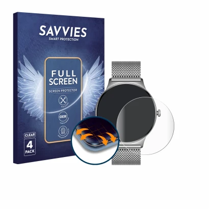 Face avant d’un emballage produit avec le logo de la marque Savvies. À côté, l’appareil Pireware Slim Smartwatch est représent