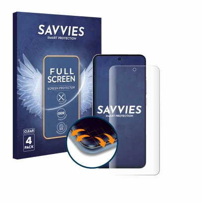 Face avant d’un emballage produit avec le logo de la marque Savvies. À côté, l’appareil Oppo Reno 14 Pro est représenté avec l