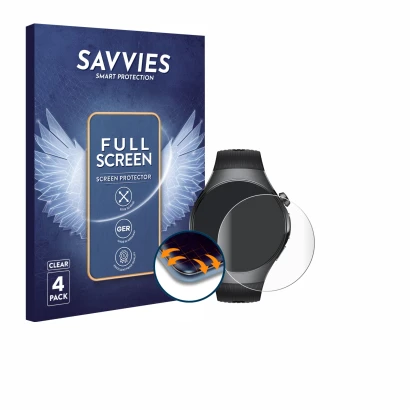 Face avant d’un emballage produit avec le logo de la marque Savvies. À côté, l’appareil Huawei Watch 5 (46 mm) est représenté 