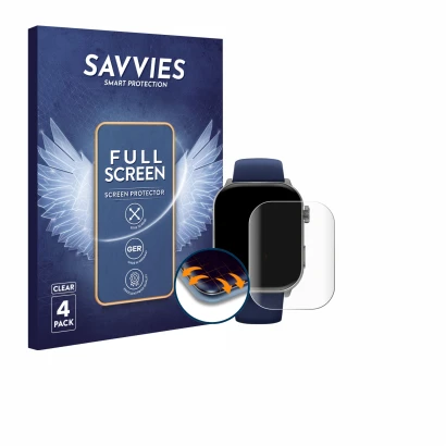 Face avant d’un emballage produit avec le logo de la marque Savvies. À côté, l’appareil Gard Pro Health Smartwatch 3 (48 mm) e