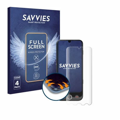 Face avant d’un emballage produit avec le logo de la marque Savvies. À côté, l’appareil Doro Aurora A30 est représenté avec la